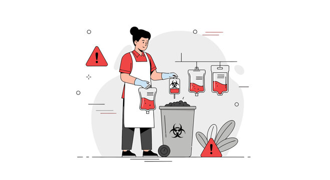 Medical waste disposal: Healthcare worker discarding biohazard bags in bin