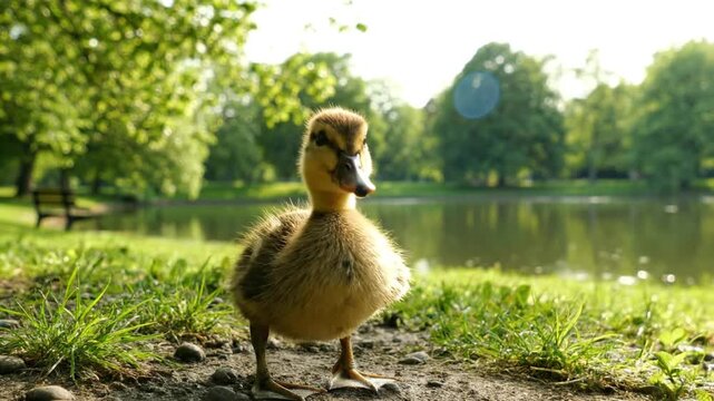 Cute little duckling stands and surveys its park surroundings with a lake and trees in the background