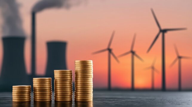 Stacked gold coin columns representing financial growth with wind turbine and industrial factory pollution symbolizing clean energy transition and environmental impact