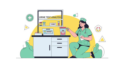 Naklejka premium Nurse performing urine test analysis in laboratory, medical equipment and supplies