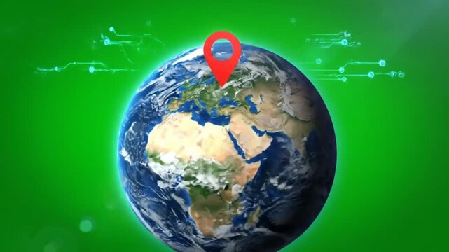 Global map pinpoints a specific location on earth showing the digital connection network with digital elements