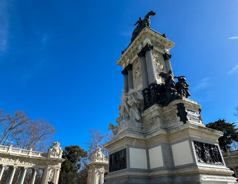 View of monument Alfonso in the Retiro park on a sunny day. Madrid. Spain.