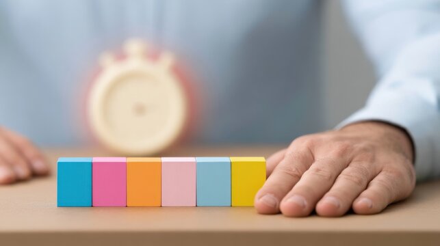 Close-up of person with hand near colorful wooden cube blocks arranged in a row with blurred round clock in background symbolizing time management and focus