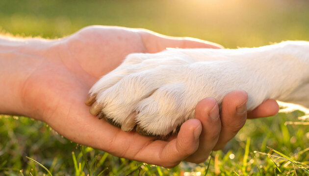 Mano humana sosteniendo la pata de un perro sobre fondo natural, gesto de contacto entre persona y mascota concepto de confianza y cuidado para marcas de veterinaria, seguros, bienestar animal