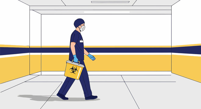 Medical Professional in Hazmat Gear Carries Biohazard Briefcase in Sterile Corridor
