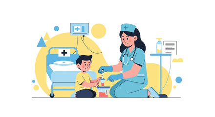 Fototapeta premium Nurse Administers Medicine to Child Patient in Hospital Room