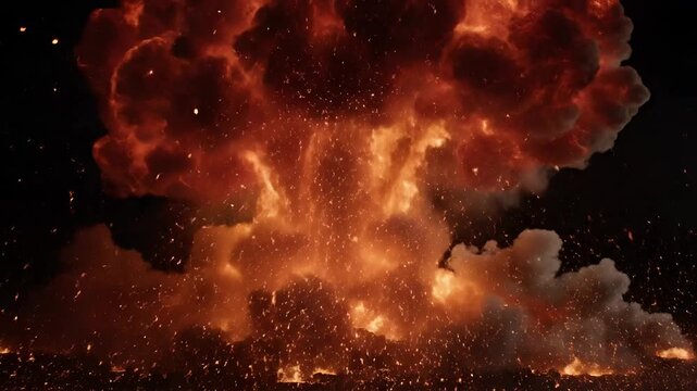 Massive Explosion with Fiery Debris and Smoke Billowing Upwards.
