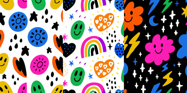 playful pattern with smiling faces hearts and rainbows colorful illustration