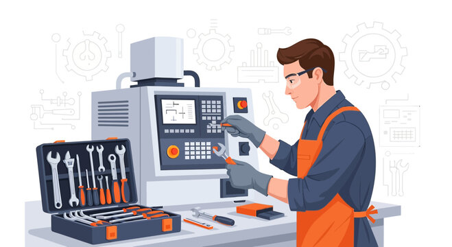 Machinist working on CNC machine with tools, industrial manufacturing concept