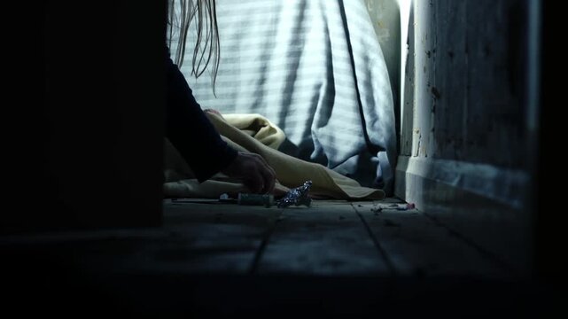 Door opens to reveal addict cutting illegal drugs in dark room