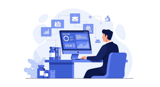 Man Working on Computer with Medical Data and Charts in Modern Office