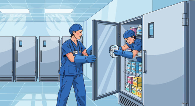 Medical Professionals Organize Samples in Cold Storage Freezer for Laboratory Testing