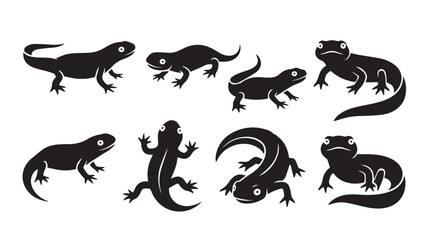 Obraz premium Eight Diverse Salamander Silhouettes Against a White Background Representing Reptilian Diversity