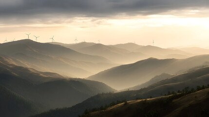 Fototapeta premium Layered mountain ridges viewed during golden hour featuring distant wind turbines under a misty sky