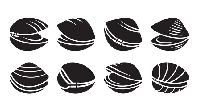 Eight open and closed clamshell silhouettes against a white background representing ocean food and culinary concepts