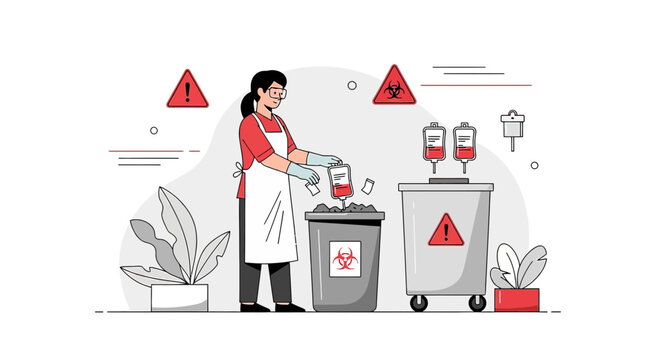 Healthcare worker disposes of biohazard medical waste in specialized bin