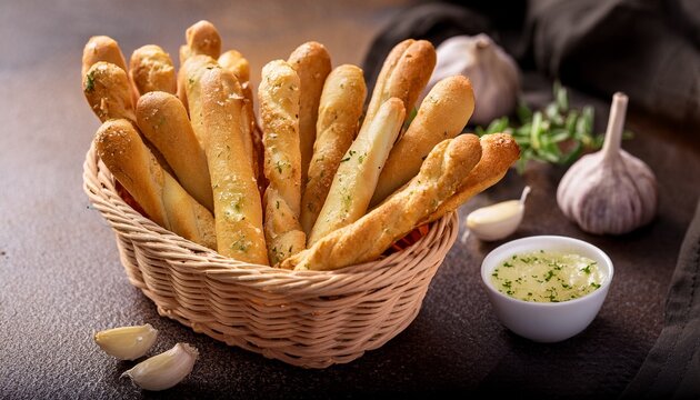 fresh baked garlic breadsticks in basket symbolizing homemade comfort food italian cuisine and savory appetizer