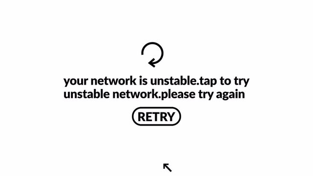 Internet Connection Lost Error Screen Animation on Transparent Background, Unstable Network Warning for Weak internet Signal ,Data Problem ,System Failure  and  Technology Concept in 4k Alpha Channel