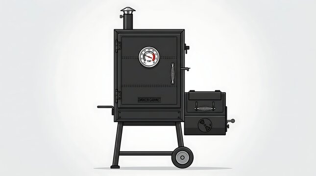 Black outdoor smoker grill with analog thermometer and side firebox on wheels