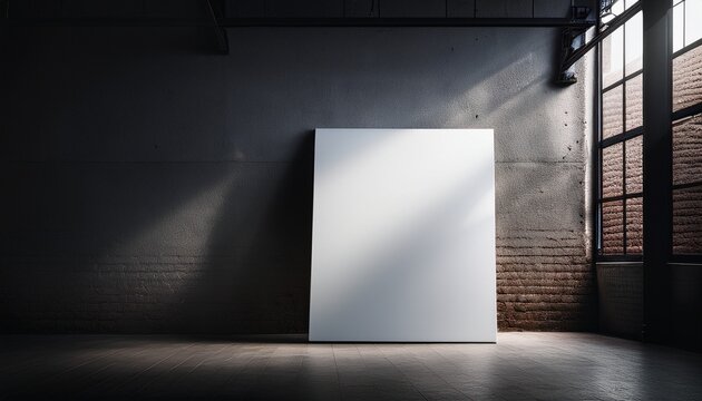 blank canvas leaning against a wall in a dark industrial space with dramatic lighting