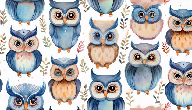 seamless pattern cute owl watercolour generative ai