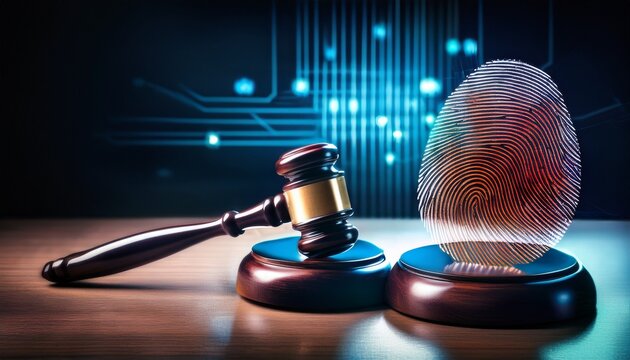 digital forensics and cyber law concept with fingerprint and gavel