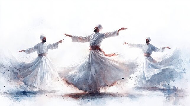 Watercolor Sufi whirling dervishes performing spiritual dance in flowing white robes