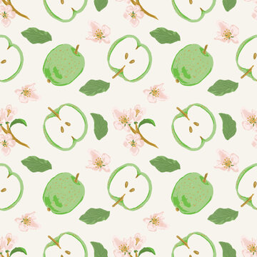 Hand painted watercolor apple and blossom seamless pattern in soft green pastel tones on a transparent background