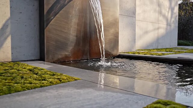 Water flows from a modern bronze wall fountain into a rectangular pool surrounded by concrete and mossy grass in a serene outdoor setting with natural light.