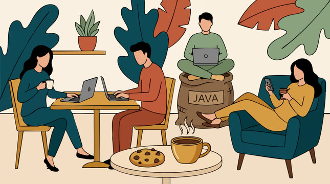 Digital illustration of people working, coding, and relaxing in a modern cafe