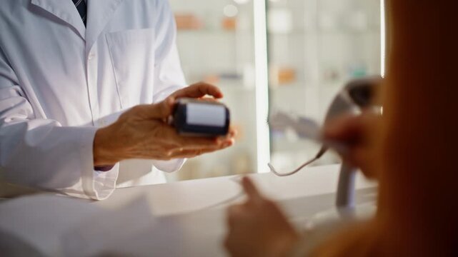 Pharmacy staff using terminal device payment at cashier closeup. Visitor paying
