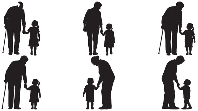 Silhouettes of elderly people walking with children, generational family support and companionship concept isolated on transparent background