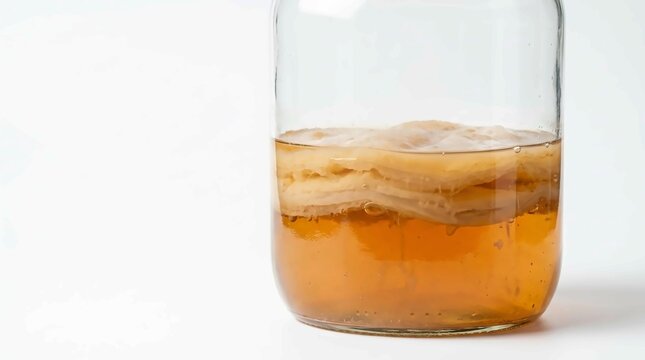 Fermented kombucha tea with a healthy scoby culture inside a clear glass jar for brewing