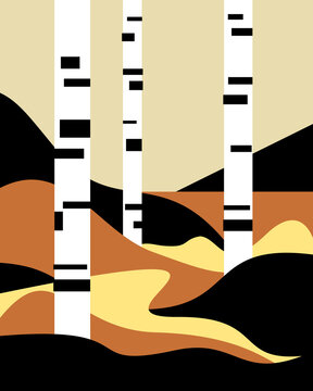 Stylized Autumn Landscape With Birch Trees in Minimal Flat Design &mdash; Warm Scenic Illustration