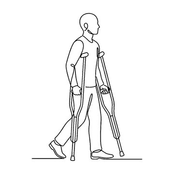 Man walking on crutches alone slowly.