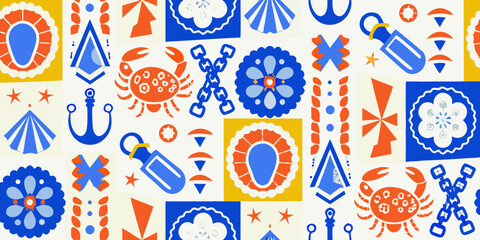 Nautical themed pattern with stylized crabs anchors and floral shapes © Tapan