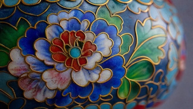 cloisonne. Extreme close-up of a cloisonne vase with vibrant floral patterns. event programs, museum guides, designed for cultural heritage projects and event programs, elevates cultural identity.