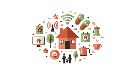 Fototapeta premium Smart Home Technology and Connected Living Flat Vector Illustration with IoT Icons, Family Silhouette, and Home Automation Concept