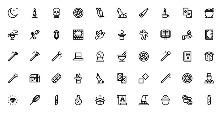 Magic icon set. Mystical vector collection. Featuring astronomy, candles, bones, magic wand, cauldron, astrology, diamond, blossom, and more. Editable stroke. witch, fantasy, occult.