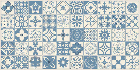 Mediterranean tile collection in trendy dusty blue and cream palette. Coastal ceramic mosaic set inspired by Italian and Portuguese decor. Perfect for wallpaper, textile and branding. © Katerina Gems