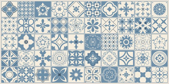 Mediterranean tile collection in trendy dusty blue and cream palette. Coastal ceramic mosaic set inspired by Italian and Portuguese decor. Perfect for wallpaper, textile and branding.