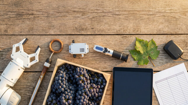 Smart viticulture flat lay with grapes, robotic arm, refractometer and tablet on wood