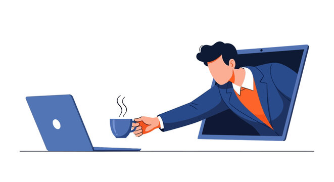 Remote Work Concept Illustration of Man Reaching Through Laptop Screen to Share a Cup of Coffee