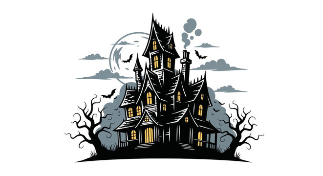 A spooky haunted house stands under a full moon with bare trees and flying bats.