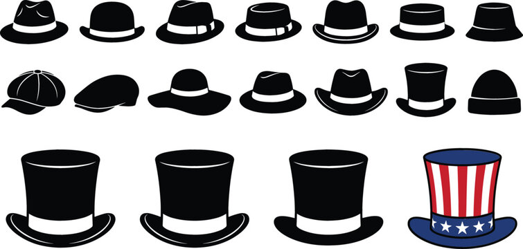 Variety of Hat Icons Including Top Hats, Caps, and Uncle Sam Hat