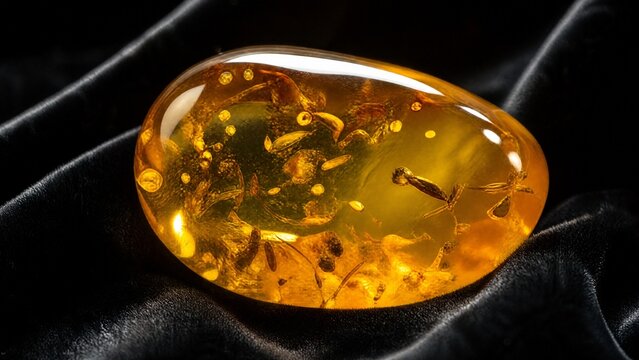 copal. Polished piece of amber copal resin on black velvet, showing warm translucency. gardening catalogs, home-decor guides, designed for gardening and botanical catalogs, used by brand managers.