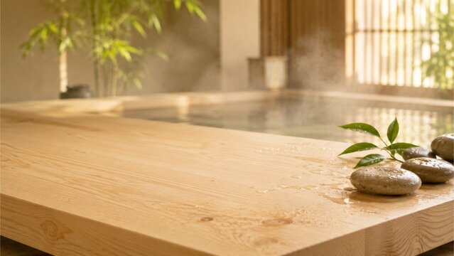 水滴と石、柔らかな湯気のある高級和風檜スパ背景

Luxury Japanese hinoki spa background with water droplets, stones and soft steam