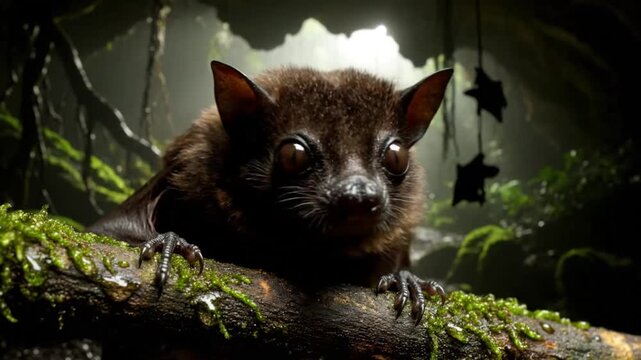 Cute bat resting on a mossy branch with large brown eyes and a detailed natural forest background