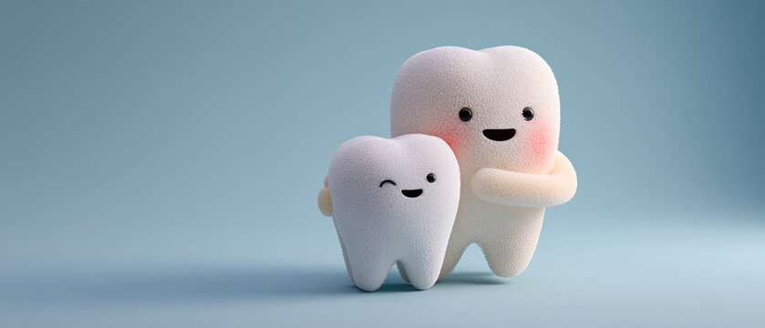 Two adorable cartoon tooth characters with happy faces on a light blue background, perfect for dental or children's themes.