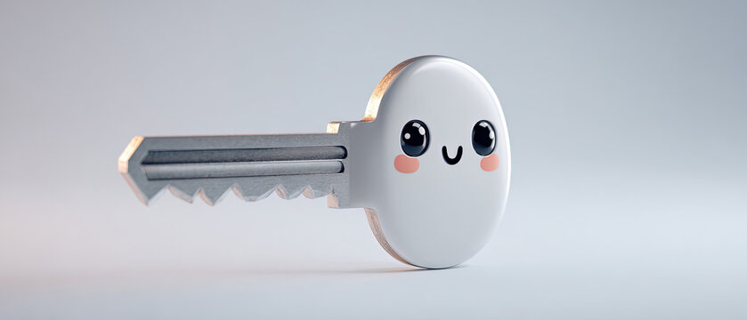 A silver key with a cartoon happy face and rosy cheeks on a light background, blending security and friendly design elements.